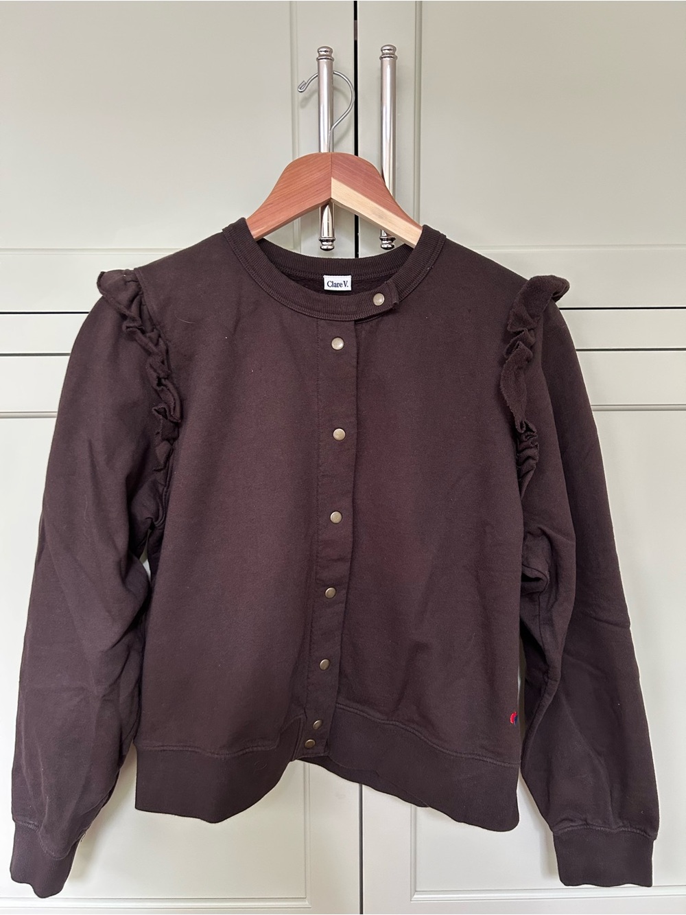 Clare V. Chocolate Ruffle-Trim Snap-Front Bomber sweatshirt